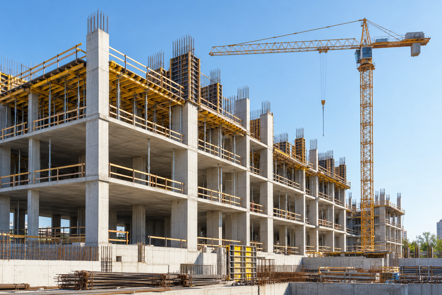 Ilustração de edificação em construção com pilares e lajes de concreto
