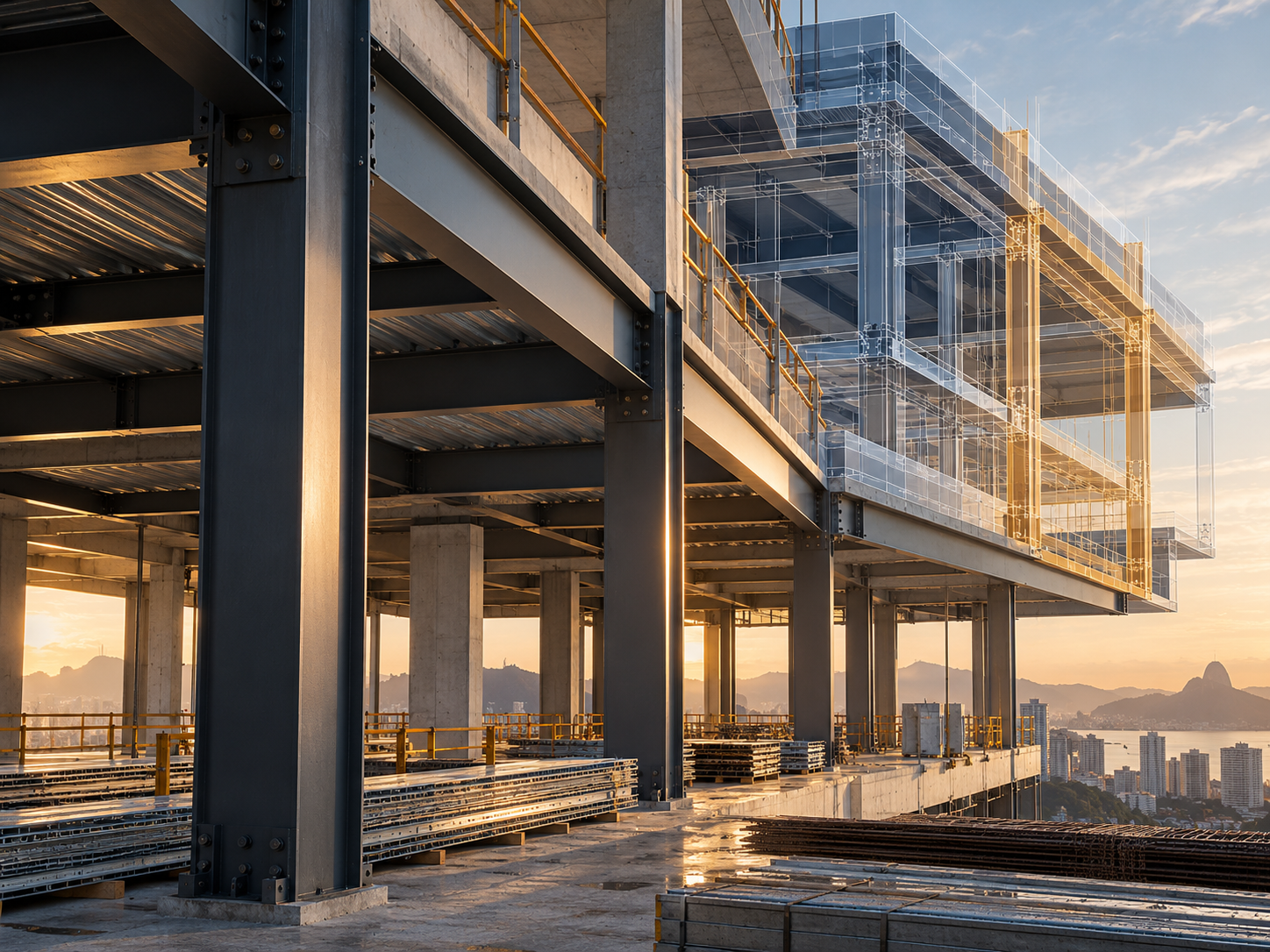 Visualização conceitual de uma edificação com estrutura de aço e concreto integrada a um modelo digital