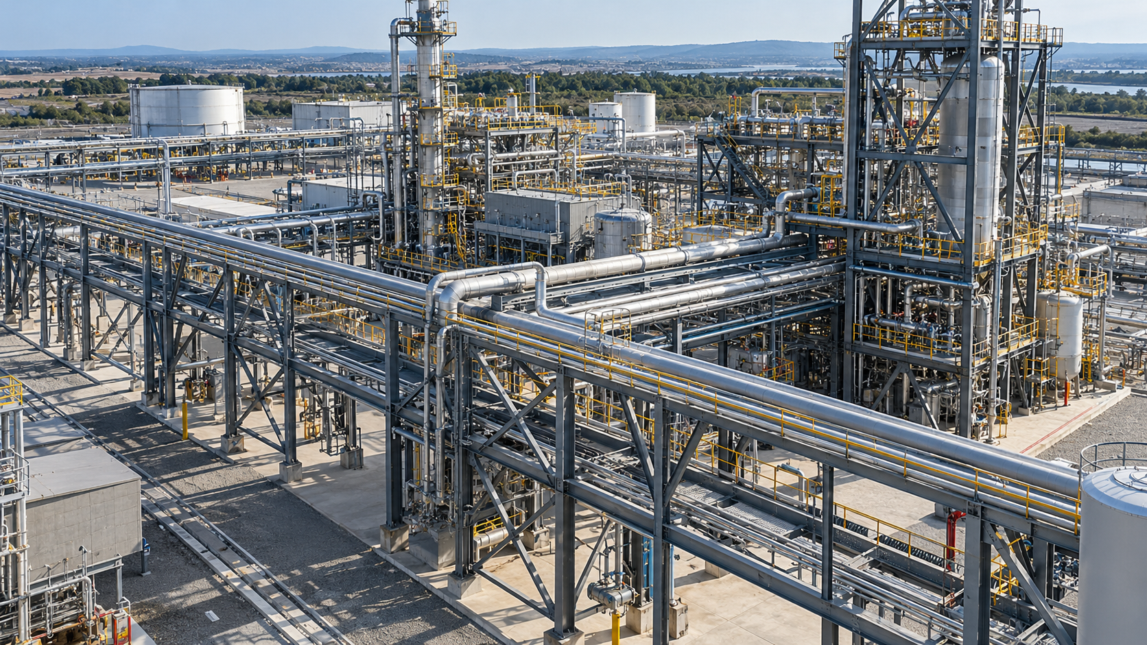 Ilustração de estrutura metálica industrial com plataformas e tubulações